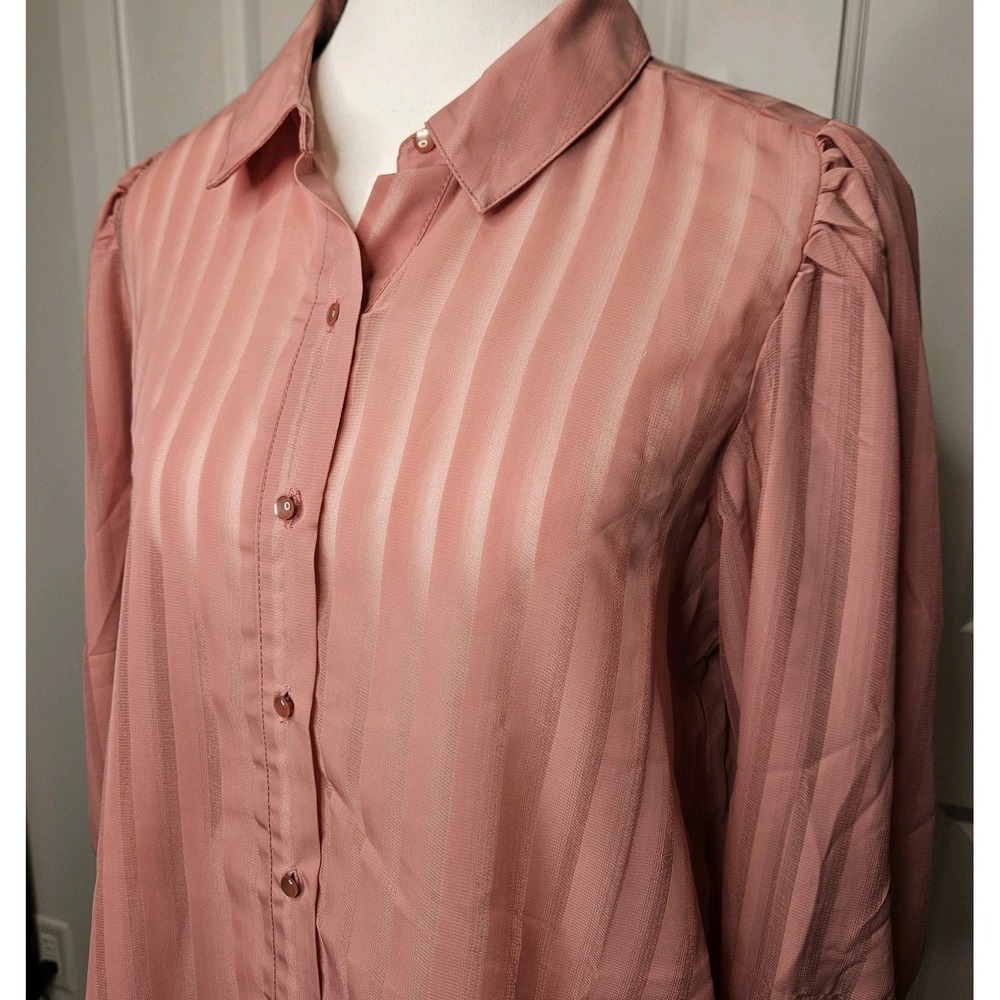 NWT Nanette Lepore Sheer Striped Blouse Size Medium Pink 3/4 Sleeve Button Up‎